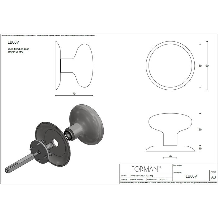 Formani Poignée de porte avant fixe Formani BASICS LB65V / LB80V - Revêtement PVD couleur canon de fusil