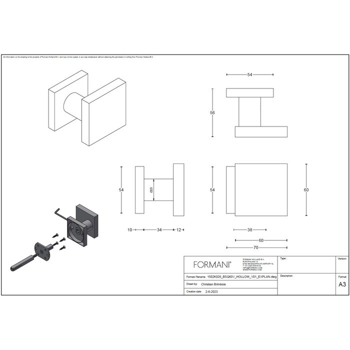 Formani Formani vaste vierkante voordeurknop BASICS BSQ60V - Gunmetal PVD