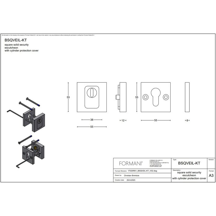 Formani Quadratische Sicherheitszylinder-Rosette Basics BSQVEIL-KT massiv SKG*** Gun Metal PVD