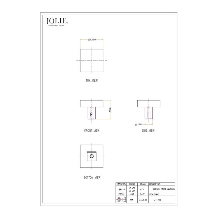 JOLIE JOLIE square furniture knob CARRE - aged black