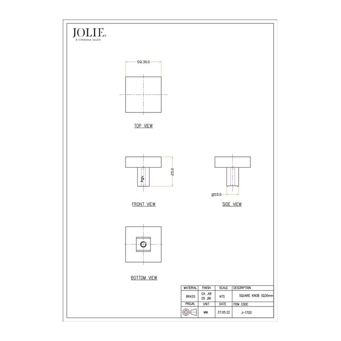 JOLIE JOLIE square furniture knob CARRE - aged silver