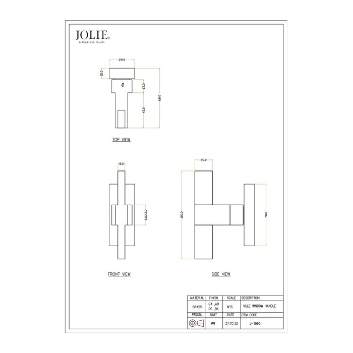JOLIE JOLIE window handle T-"VILLE" tilt-and-turn windows - aged black