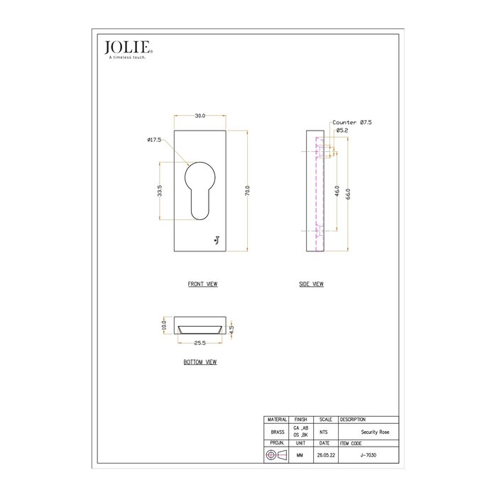 JOLIE Stuk veiligheidsrozet rechthoekig  70x30mm in verouderd zwart
