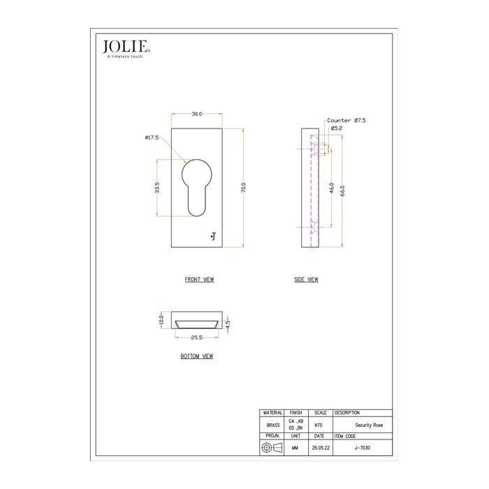JOLIE Pièce de rosace de sécurité rectangulaire 70x30mm en or vieilli