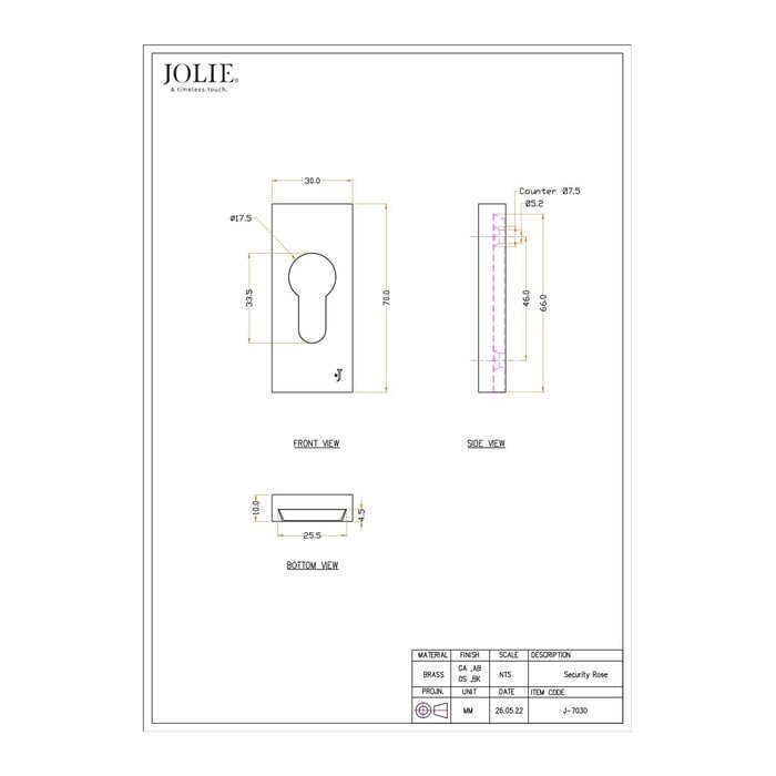 JOLIE Piece of safety rosette rectangular 70x30mm in aged gold