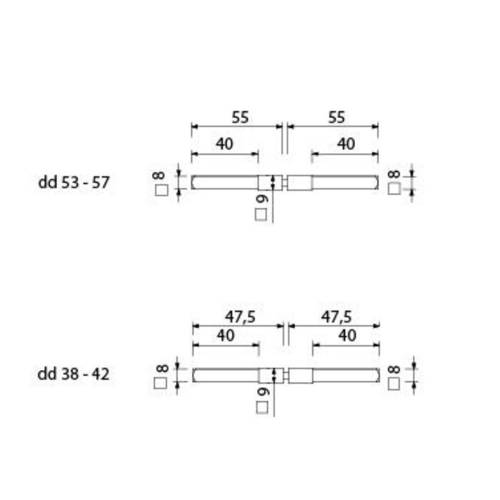 Dulimex Reduzierstift mit geteiltem Vierkant 8–9–8 mm DD für Panikschlösser