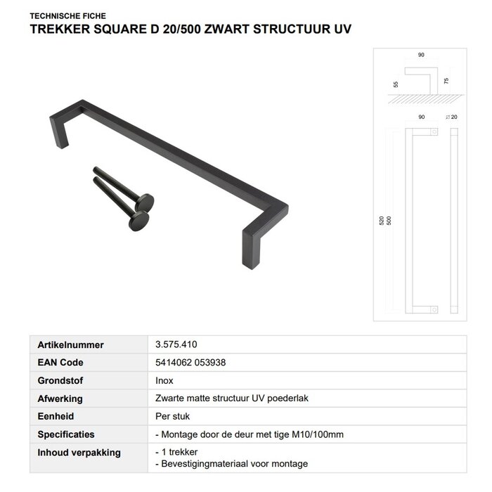 HDD Zwarte deurgreep SQUARE D 20/500 - UV Structuur coating met doorgaande bevestiging