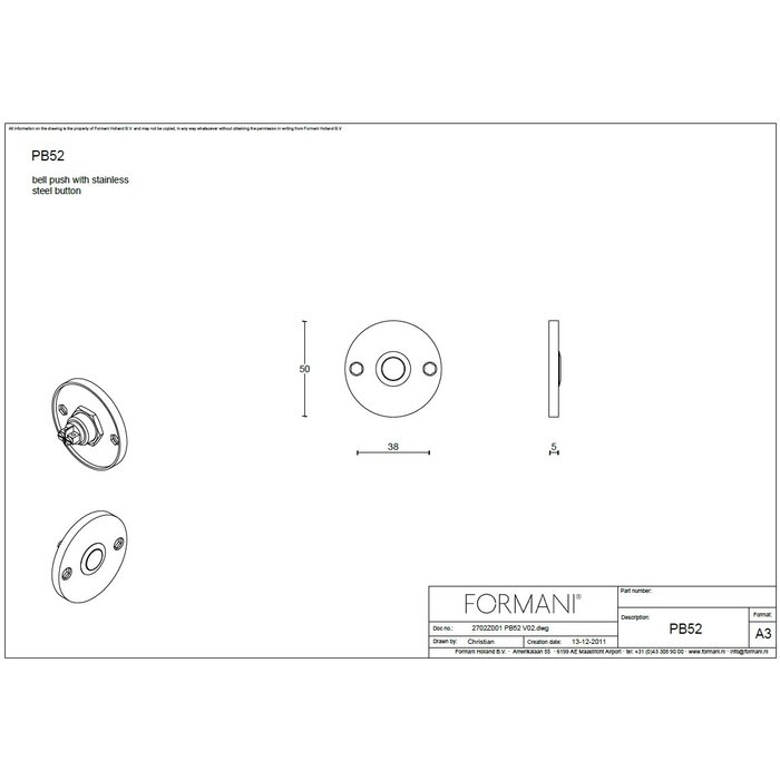 Formani Formani doorbell Piet Boon ONE-PB52 round 50 mm - Bronze