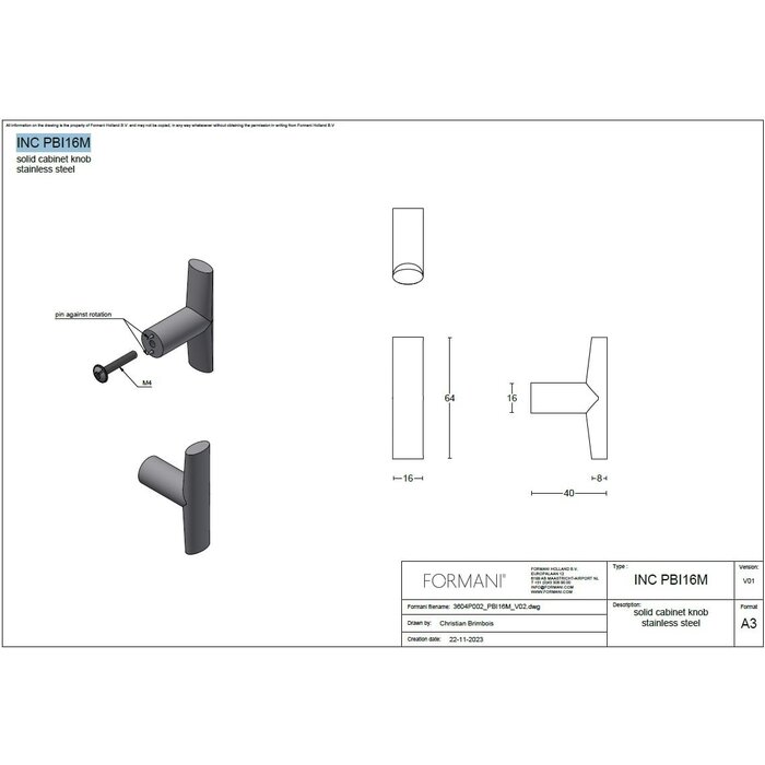 Formani Bouton de meuble Formani INC PBI16M - acier inoxydable
