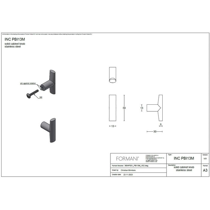 Formani Formani Möbelknopf INC PBI13M - Hellbronze PVD