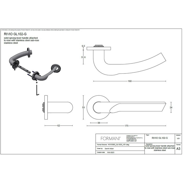Formani Poignées de porte Solid Formani « RIVIO » GL102-G à ressort - acier inoxydable