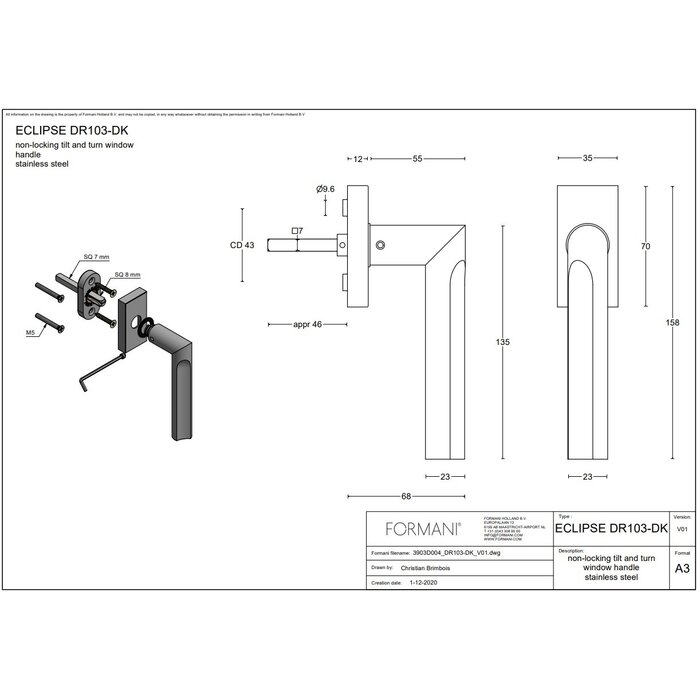Formani Formani Fenstergriff ECLIPSE DR103-DK - nicht abschließbar - Hellbronze PVD