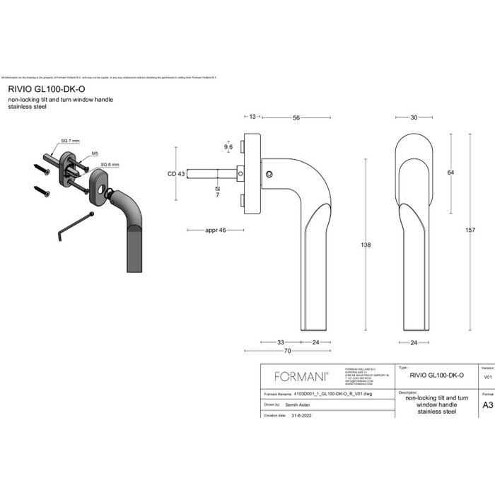 Formani Formani Fenstergriff RIVIO GL100-DK-O - nicht abschließbar - Hellbronze PVD