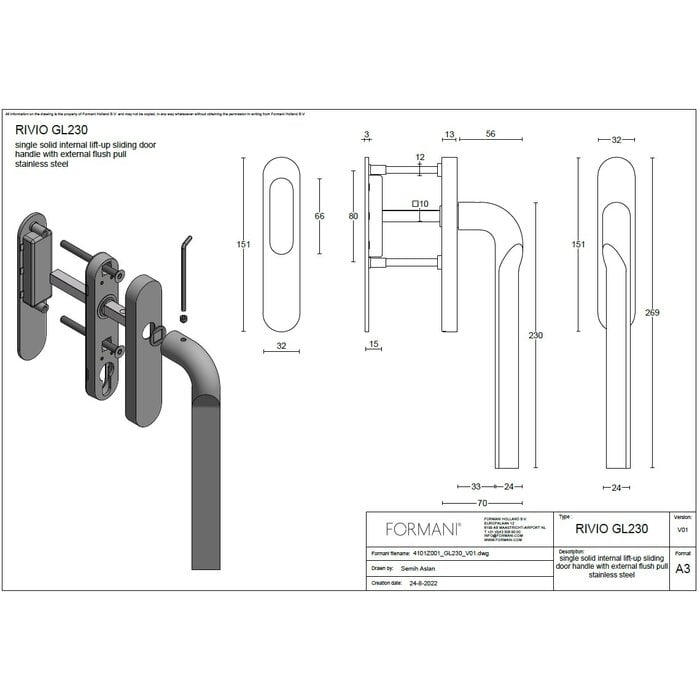 Formani Formani Hebe-Schiebe-Griff mit Schiebetürgriff RIVIO GL230 – Hellbronze PVD