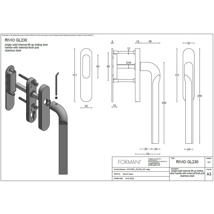 Formani Pair of Formani lifting and sliding handles RIVIO GL230PA - Light bronze PVD