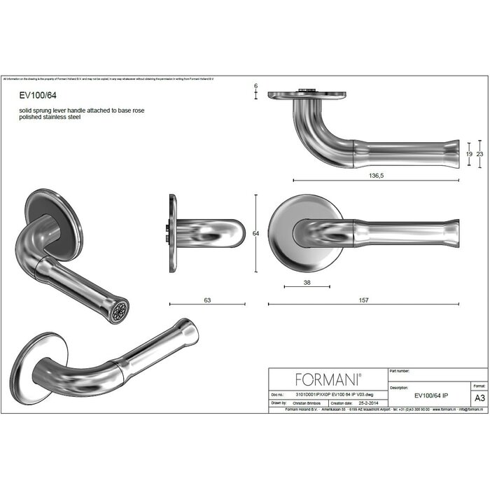 Formani Formani door handles NOUR EV100/64 - Matte gold PVD