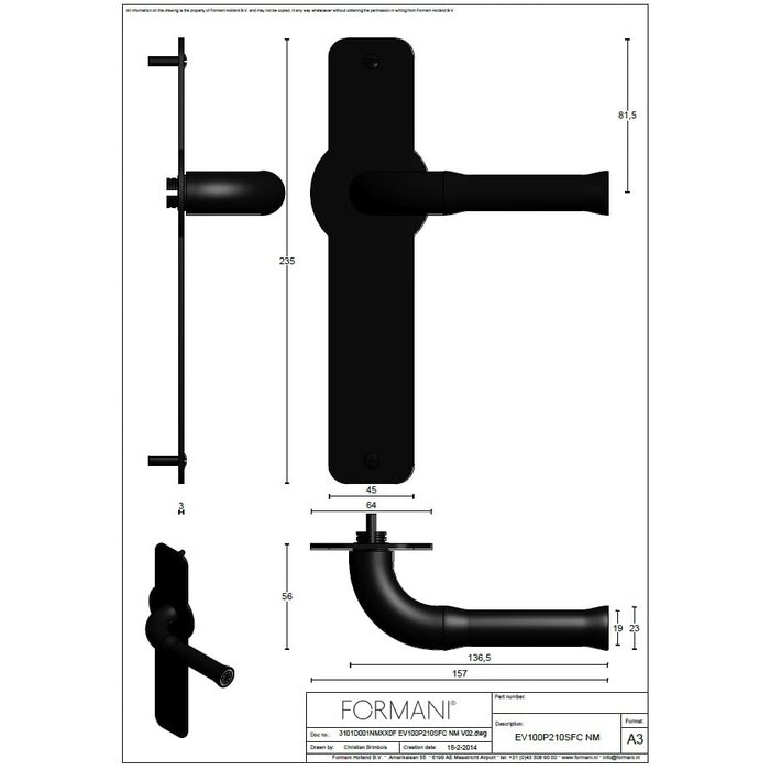 Formani Formani door handles NOUR EV100P210SFC on blind shield - matt gold PVD