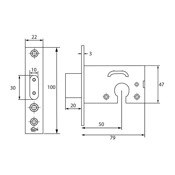Dulimex DX SKG**® mortise lock, right angles