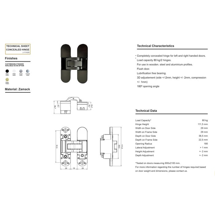 JAIROL Invisible black 3D hinges 111x29mm - 80kg