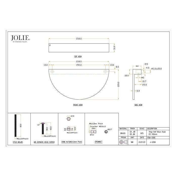 JOLIE JOLIE door handle VIRGE - aged gold - cc 192 mm