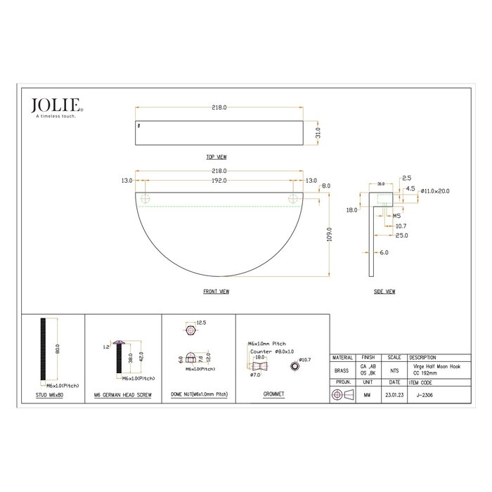 JOLIE JOLIE door handle VIRGE - aged bronze - cc 192 mm