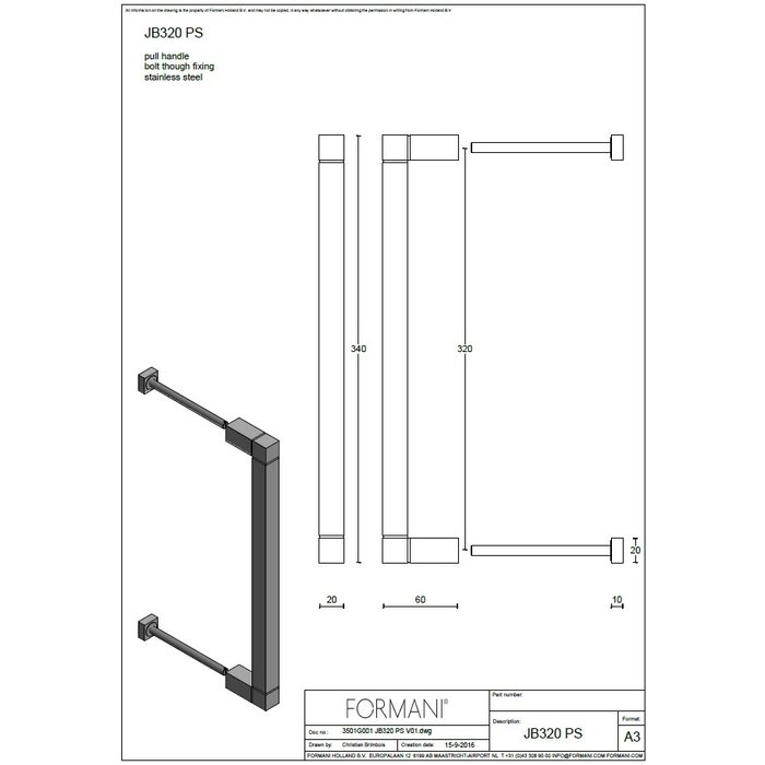 Formani Formani deurgreep SQUARE JB320 NP/PS/PA - Mat RVS - 3 varianten
