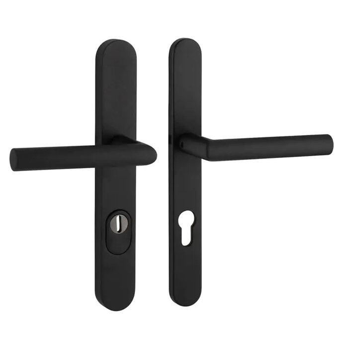 Artitec Schwarze Sicherheitstürbeschläge mit T-Türgriffen auf schmaler Platte SKG*** 2 x T-Türgriff - PC 72 oder 92 mm