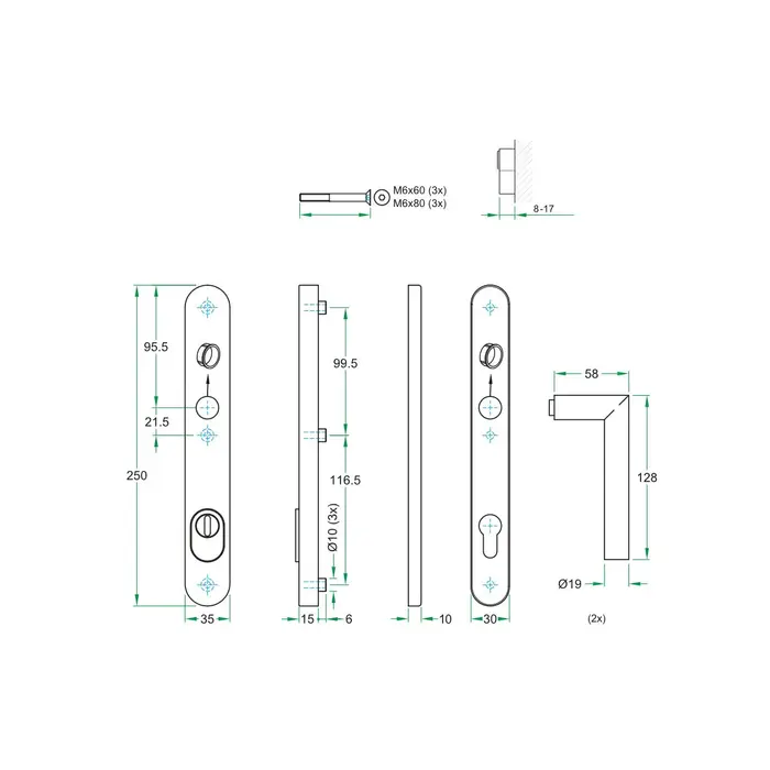 Artitec Black security door fitting with U-shaped door handles on narrow plate SKG*** 2 x U-shaped door handle - PC 72 or 92 mm - Copy