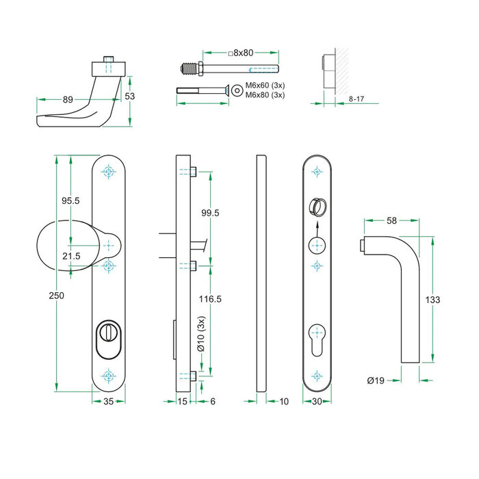 Artitec Schwarzer Sicherheitstürgriff mit Kernzugschutz an schmaler Abdeckung SKG*** Knauf/Türgriff L - PC 72 oder 92 mm