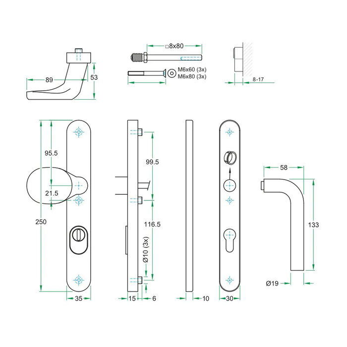Artitec Schwarzer Sicherheitstürgriff mit Kernzugschutz an schmaler Abdeckung SKG*** Knauf/Türgriff L - PC 72 oder 92 mm