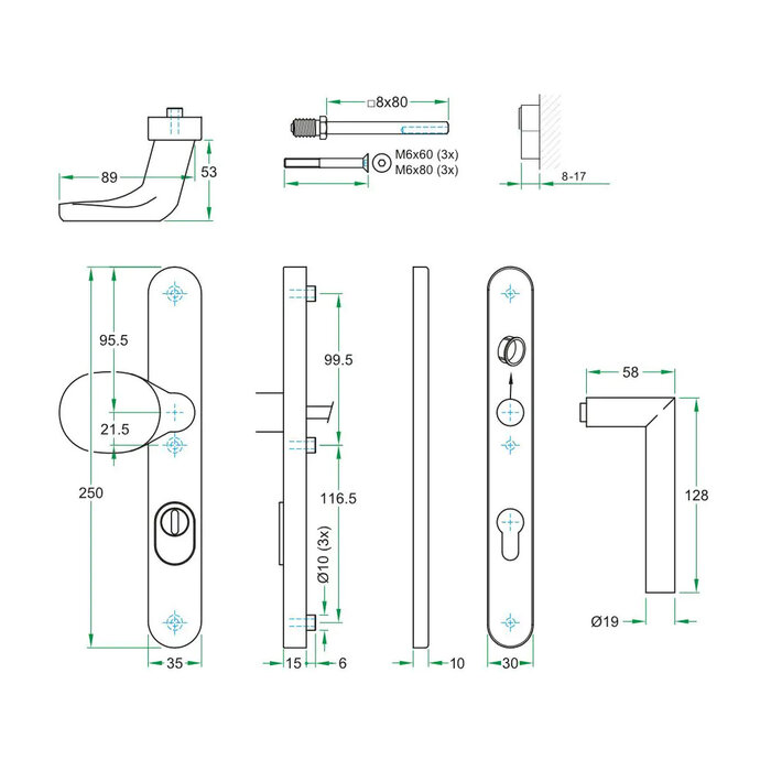Artitec Schwarzer Sicherheitstürgriff mit Kernzugschutz an schmaler Abdeckung SKG*** Knauf/Türgriff T - PC 72 oder 92 mm