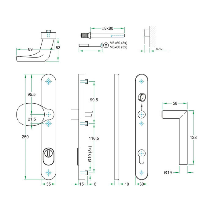 Artitec Black security door fitting with core pull protection on narrow shield SKG*** knob/door handle T - PC 72 or 92 mm