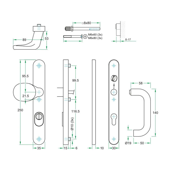 Artitec Schwarzer Sicherheitstürgriff mit Kernzugschutz an schmaler Abdeckung SKG*** Knauf/Türgriff U - PC 72 oder 92 mm