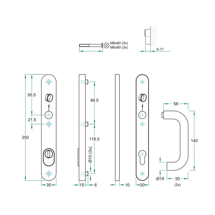 Artitec Black security door fitting with core pull protection on narrow shield SKG*** knob/door handle U - PC 72 or 92 mm