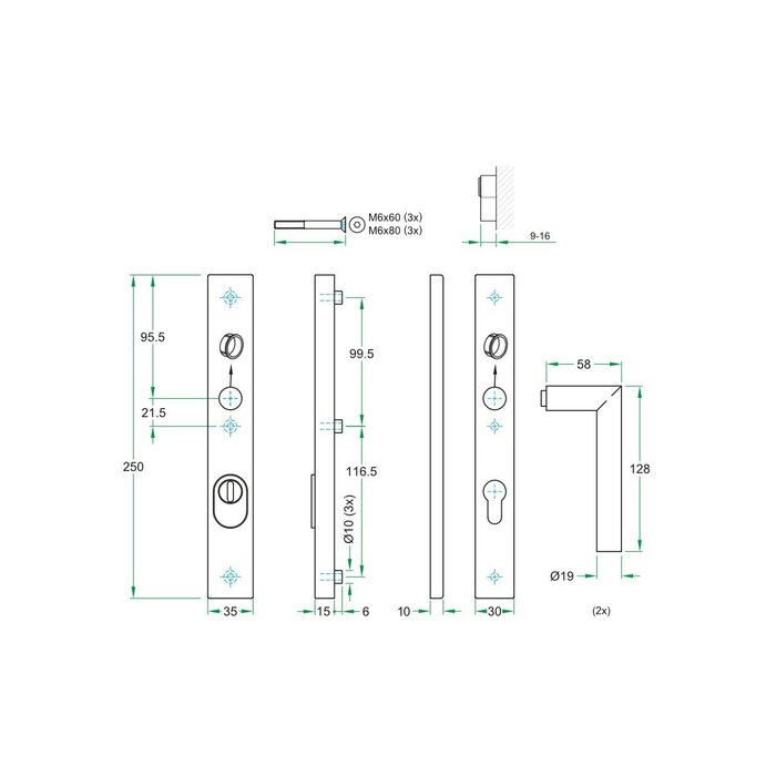 Artitec Black security door fitting with core pull protection on straight shield SKG*** 2 x door handle T-model - PC 72 or 92 mm