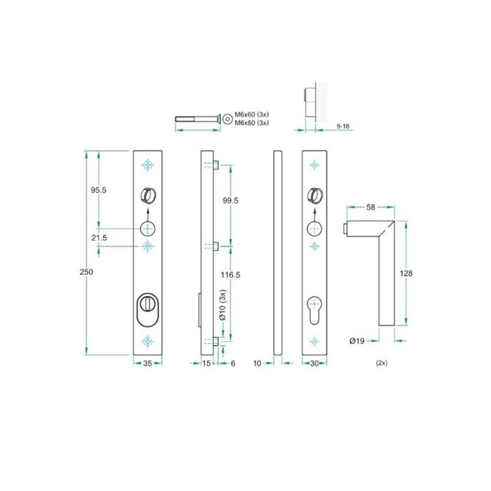 Artitec Black security door fitting with core pull protection on straight shield SKG*** 2 x door handle T-model - PC 72 or 92 mm