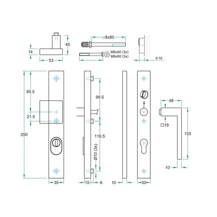 Artitec Quincaillerie de porte de sécurité noire avec protection anti-arrachement sur plaque droite SKG*** bouton/poignée de porte METRO RIGHT - PC 72 ou 92 mm