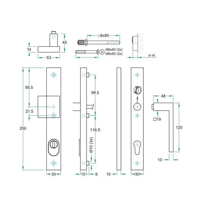 Artitec Schwarzer Sicherheitstürgriff mit Kernzugsicherung an gerader Platte SKG*** Knauf/Türgriff METRO RIGHT - PC 72 oder 92 mm