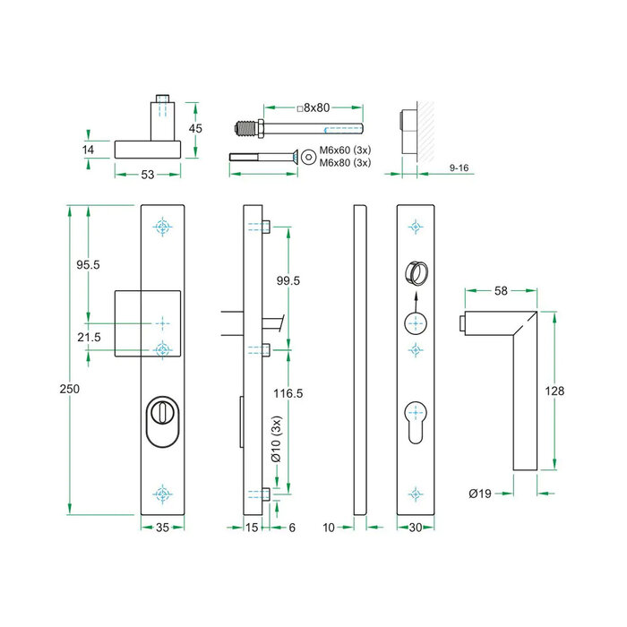 Artitec Quincaillerie de porte de sécurité noire avec protection anti-arrachement sur cache droit SKG*** bouton/poignée de porte modèle T - PC 72 ou 92 mm