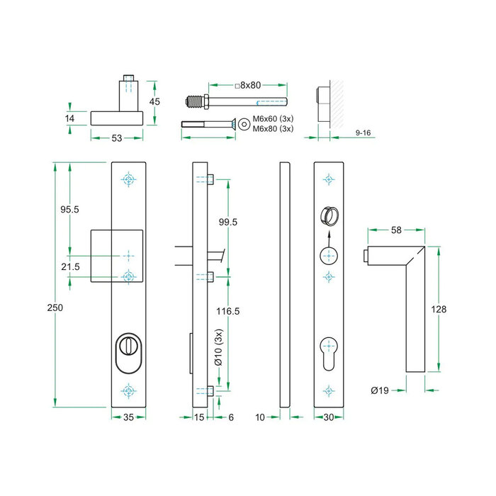 Artitec Schwarzer Sicherheitstürgriff mit Kernzugsicherung an gerader Abdeckung SKG*** Knauf/Türgriff T-Modell - PC 72 oder 92 mm