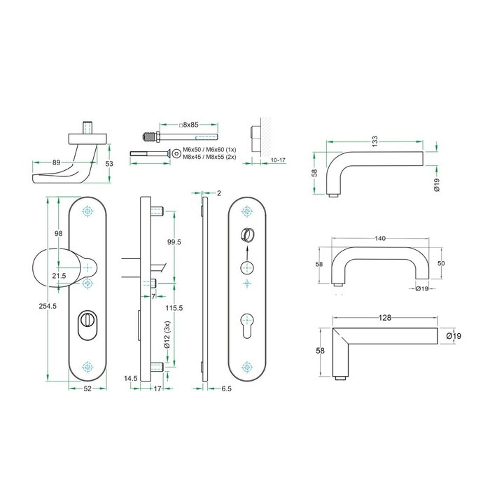 Artitec Zwart veiligheidsdeurbeslag met kerntrekbeveiliging op schild SKG***  knop/deurklink T - PC 72 of 92 mm