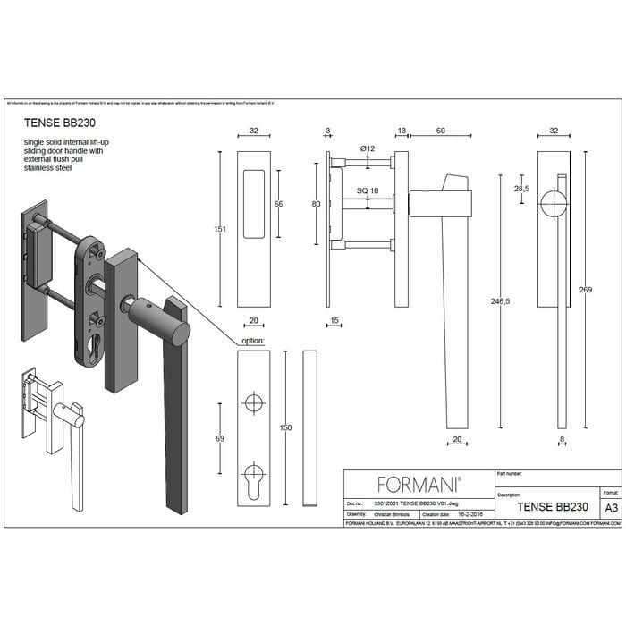 Formani Poignée coulissante Formani TENSE BB230 avec poignée de porte coulissante - Acier inoxydable mat