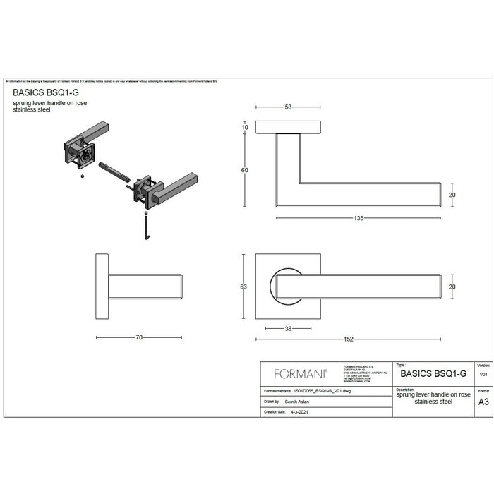 Formani Formani Basics BSQ1-G Türgriffe auf quadratischer Federrosette – PVD-beschichtet, hellbronze