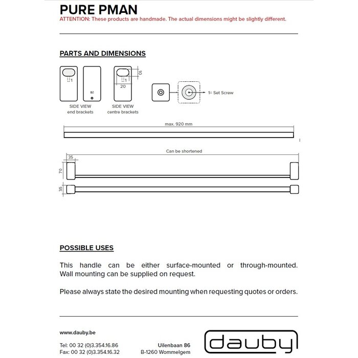Dauby Dauby PMAN furniture handle Pure® – adjustable furniture handle in raw bronze (RB)