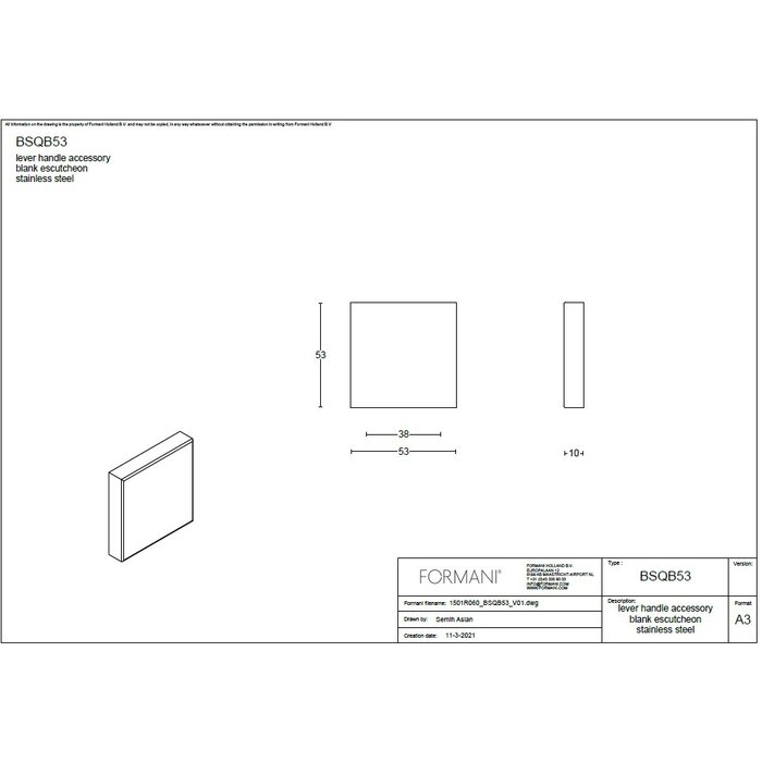 Formani 1 Basics BSQB53 blank plate 10 mm - square - PVD light bronze