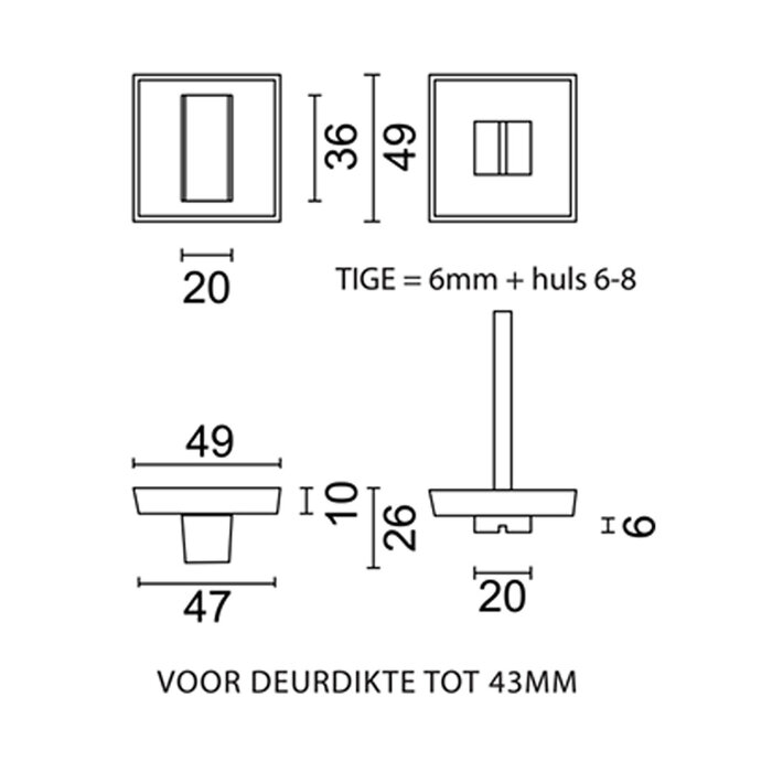 HDD WC-Armatur, quadratisch, 48 mm, Edelstahloptik