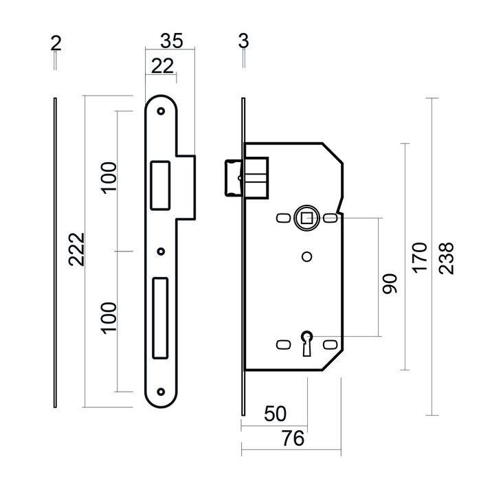 AGB AGB lock matte bronze 90 mm + narrow straight strike plate