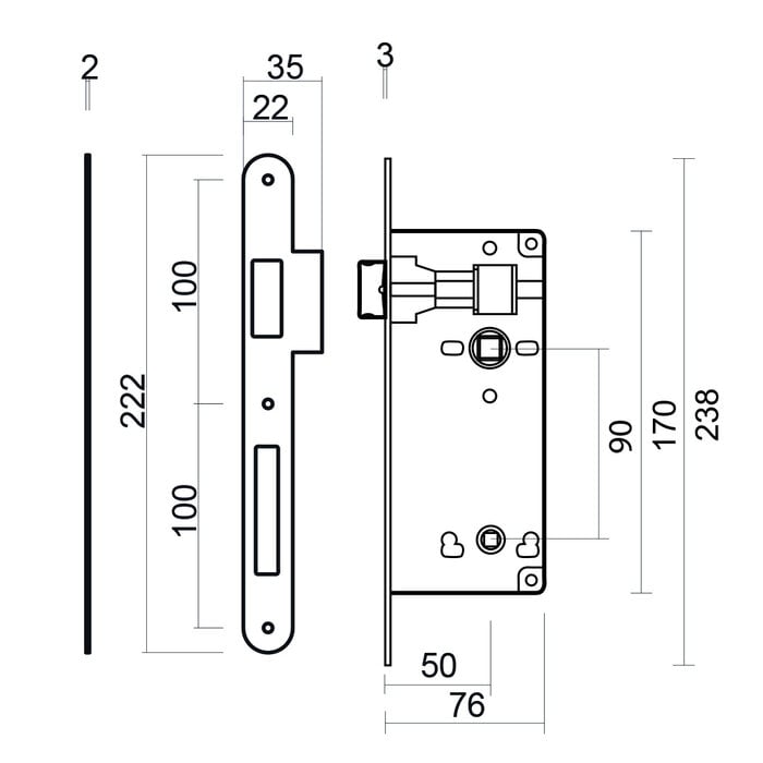 AGB AGB lock matte bronze WC 90 mm + strike plate narrow straight