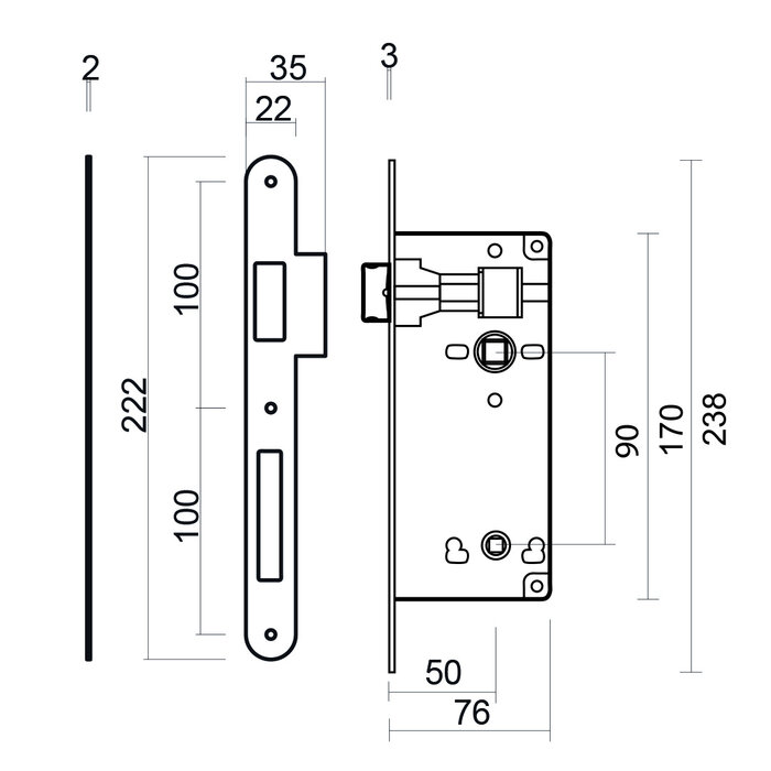 AGB Lock AGB matte bronze WC 90 mm + narrow straight strike plate