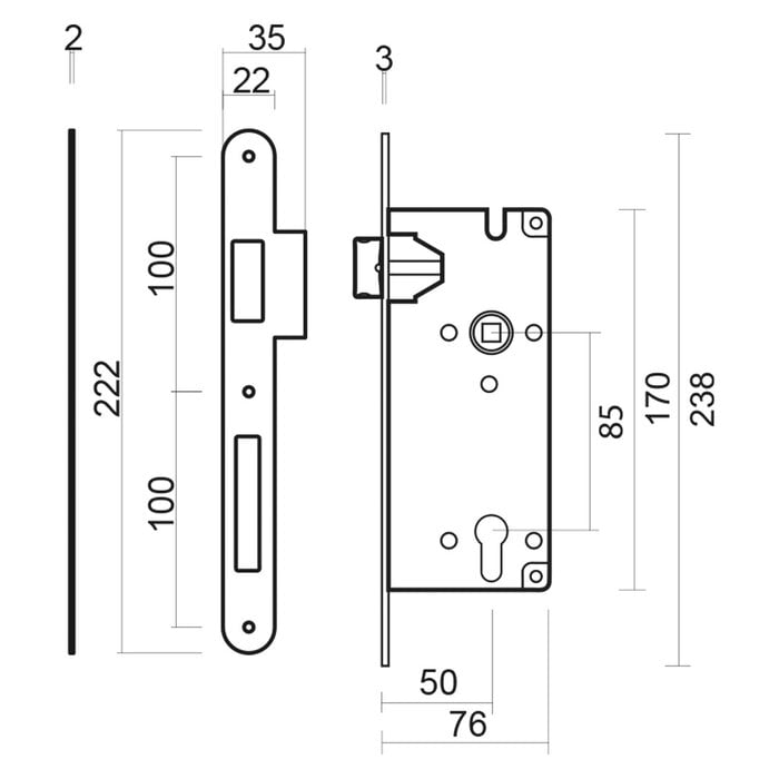 AGB Cylinder lock AGB matte bronze PC 90 mm + narrow straight strike plate